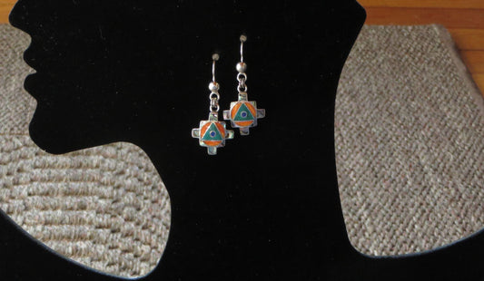 Chakana Earrings 950 Silver with Stone and Abalone Inlay Peru Sacred Valley EJVB14