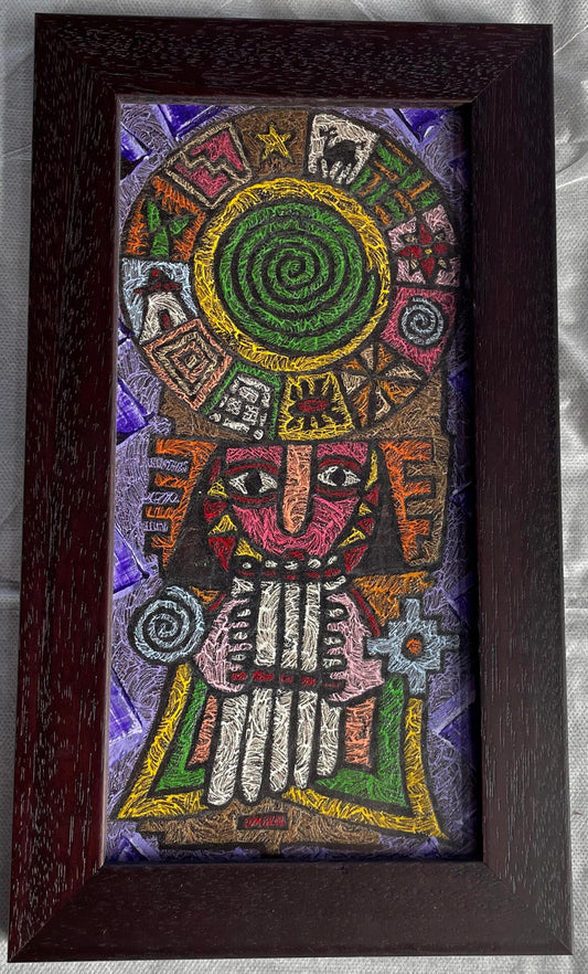 Shaman Painting on Leather Musician Inca Calendar Framed Peru Sacred Valley 7 3/4 x 13 1/2