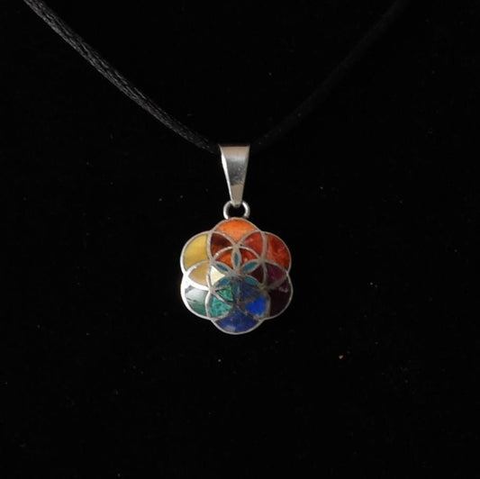 Flower of Life Mandala Pendant with Stone and Abalone Inlay Peru 950 Silver Sacred Valley P52521