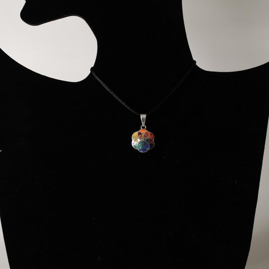 Flower of Life Mandala Pendant with Stone and Abalone Inlay Peru 950 Silver Sacred Valley P52521