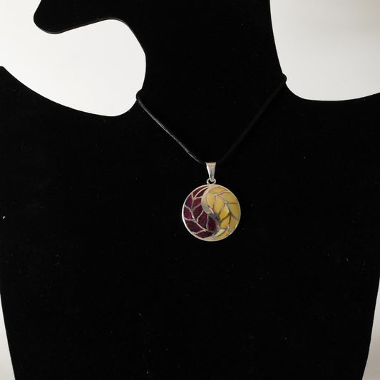 Coca Leaf Tai Chi Symbol Yin Yang Pendant with Stone and Abalone Inlay Peru 950 Silver Sacred Valley P52526