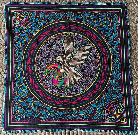 Shipibo Hand Embroidered Tapestry Altar Cloth Eagle Snake Ayahuasca Vine  28" x 28.25" P2503