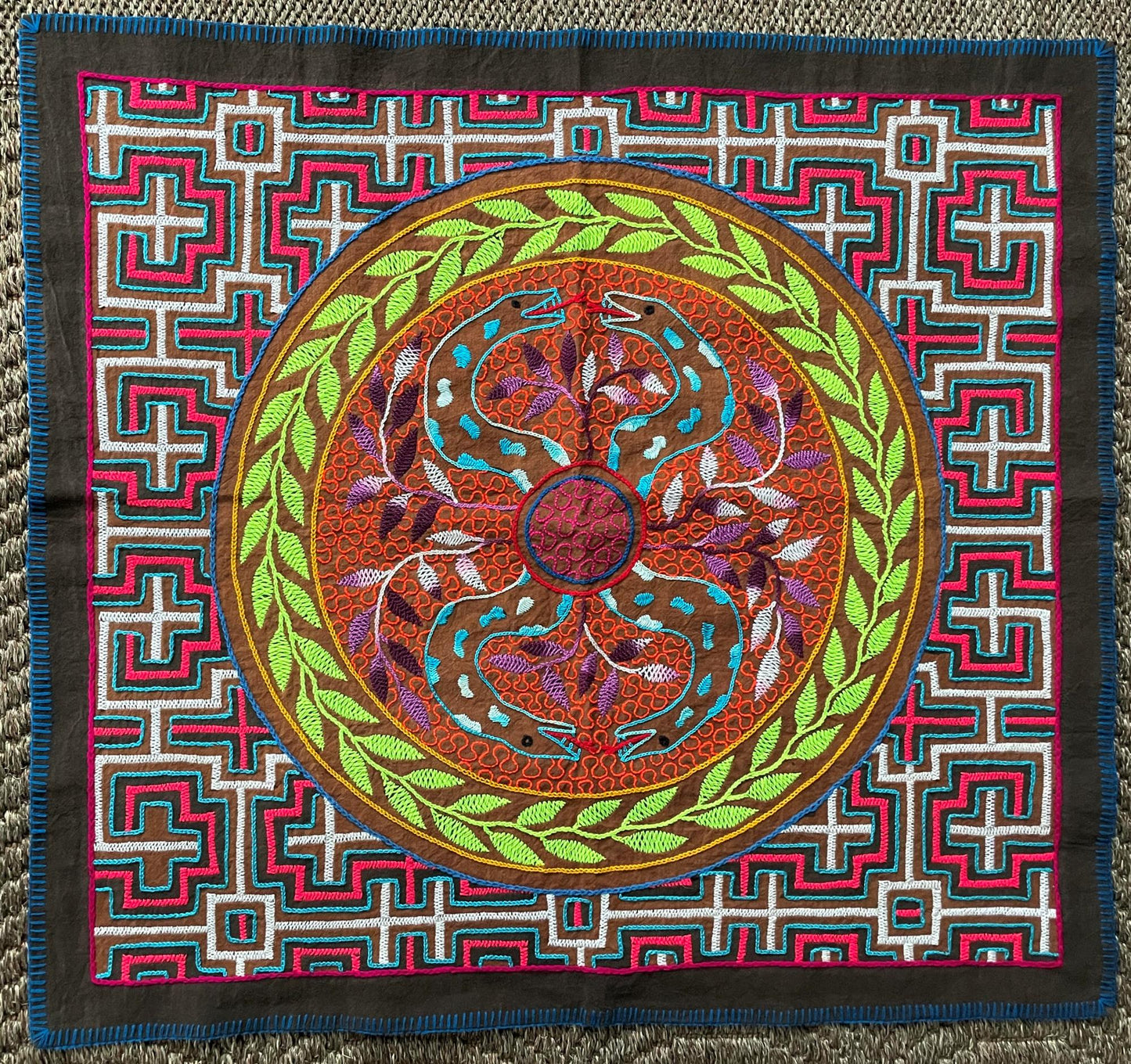 Shipibo Hand Embroidered Tapestry Altar Cloth Snake Icaros Ayahuasca 25" x 27" P2507
