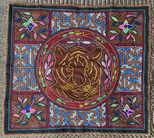 Shipibo Hand Embroidered Tapestry Altar Cloth Tiger Cross Icaros Ayahuasca 26" x 28" P2508
