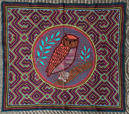 Shipibo Hand Embroidered Tapestry Altar Owl Icaros Ayahuasca 25.5" x 29.25" P2509
