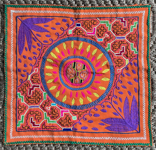 Shipibo Hand Embroidered Tapestry Altar Cloth Sun Flowers Icaros Ayahuasca Vine 16" x 16.75" P2513