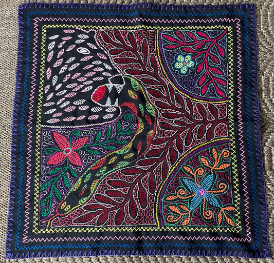 Shipibo Hand Embroidered Tapestry Altar Cloth Jaguar Snake Flowers Icaros Ayahuasca Vine 26.75" x 27.5" P2515