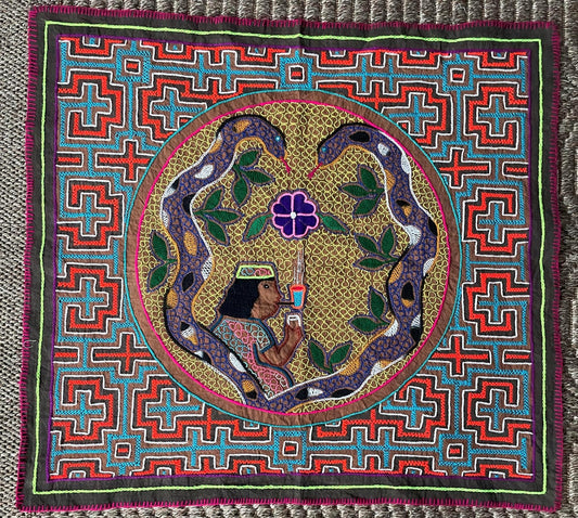 Shipibo Hand Embroidered Tapestry Altar Cloth Shaman Snake Flowers Icaros Ayahuasca Vine 25.5" x 27" P2518