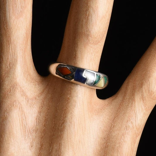 Inca Calendar Ring Size 7.5 Sacred Valley Peru 950 Silver Stone and Abalone Inlay R52510