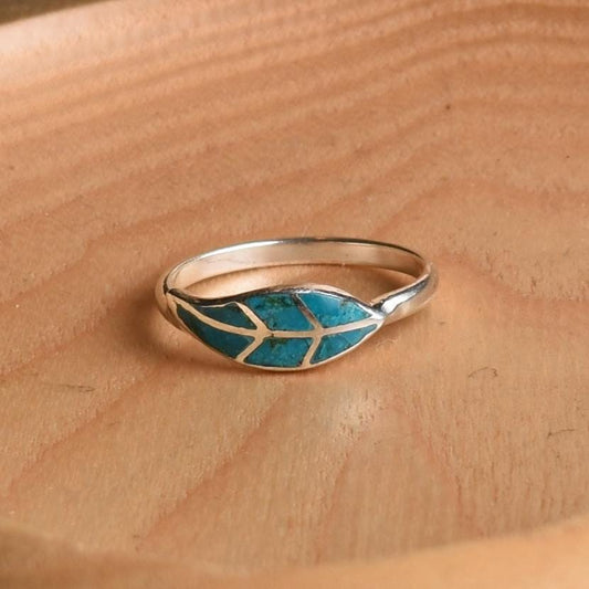 Coca Leaf Ring Size 8 Peru 950 Silver with Turquoise Inlay Sacred Valley R52512