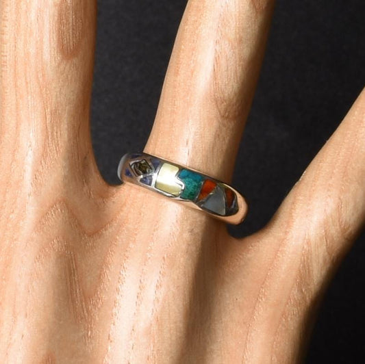 Inca Calendar Ring Size 8 Sacred Valley Peru 950 Silver Stone and Abalone Inlay R52519