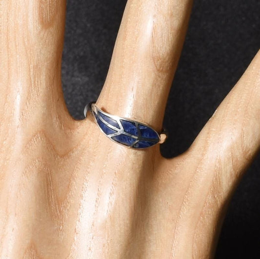 Coca Leaf Ring Size 6 Peru 950 Silver with Stone Inlay Sacred Valley R52520