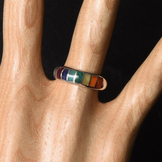 Seven Chakras Ring Size 8 Peru 950 Silver and Stone Inlay Sacred Valley R52522