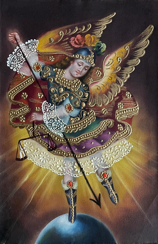 Archangel Michael Original Painting Oil on Canvas Cusco School 7 3/8 x 11 1/4 CS52505