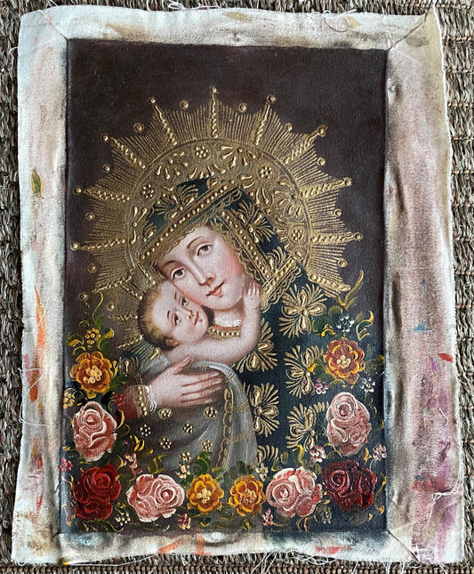 Madonna and Child Original Painting Oil on Canvas Cusco School 7 3/8 x 11 1/4 CS52506