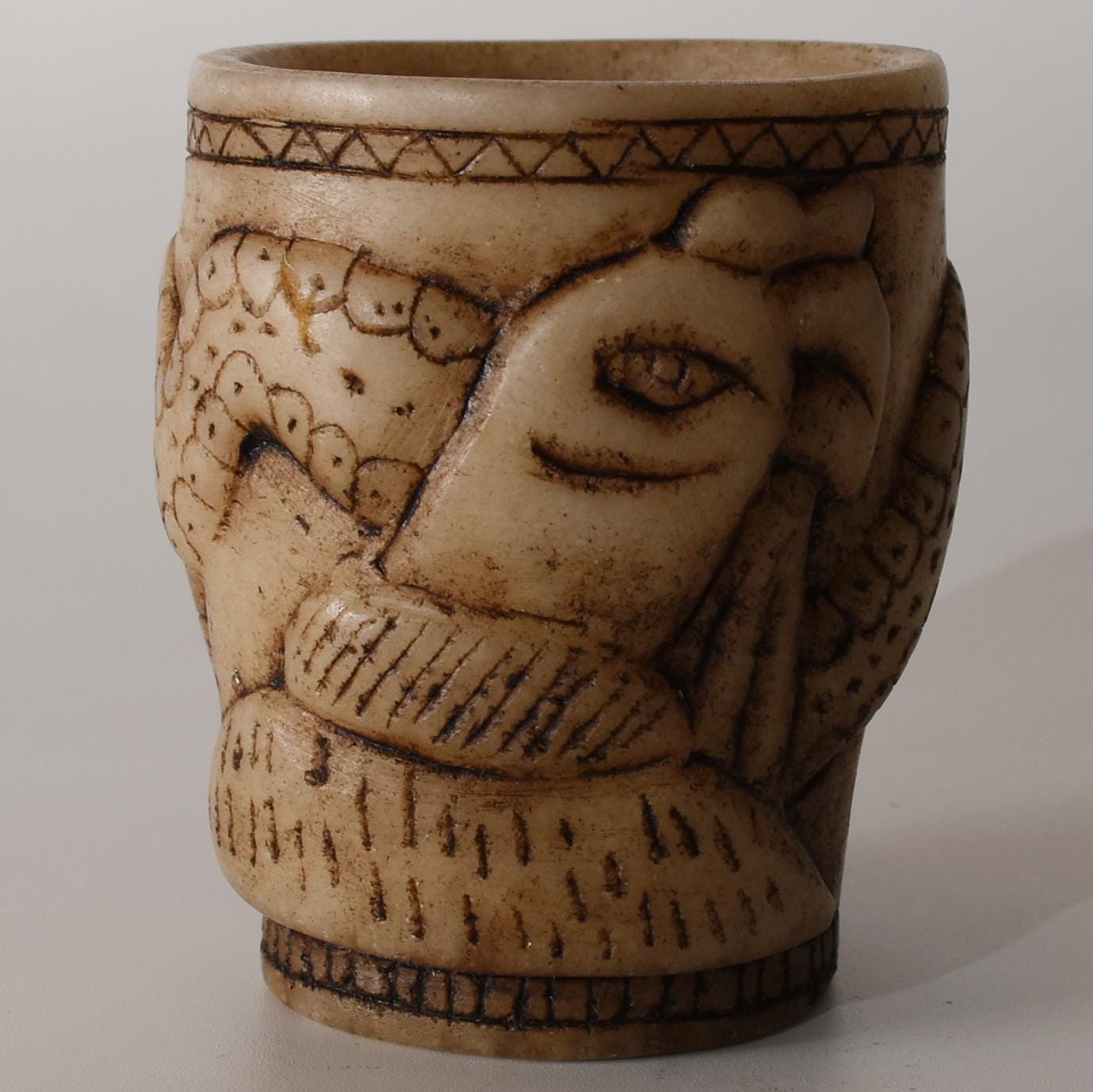 Alabaster Caliza Stone Offering Cup Jaguar Condor Snake hand carved Sacred Valley Peru S52509