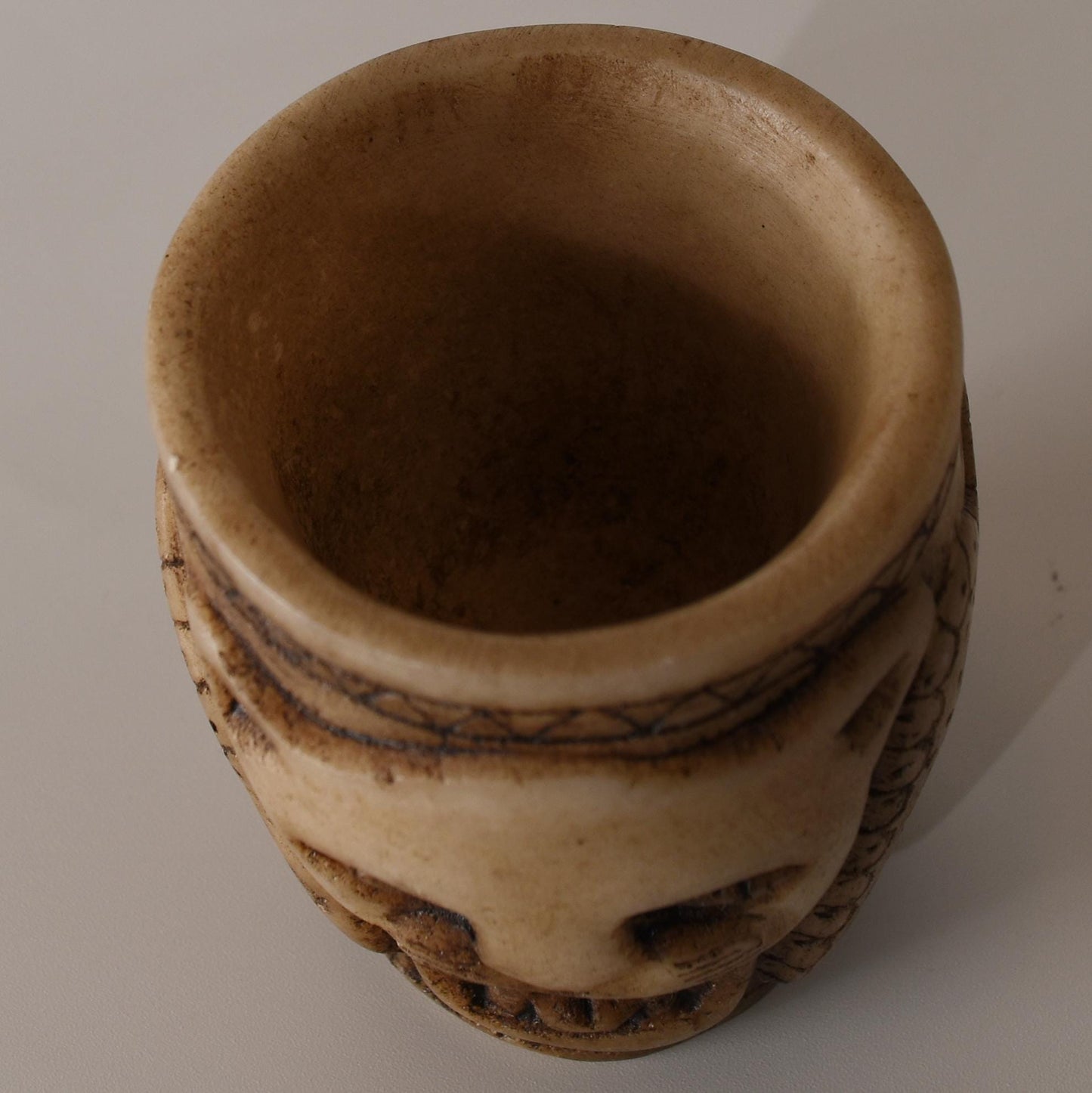 Alabaster Caliza Stone Offering Cup Jaguar Condor Snake hand carved Sacred Valley Peru S52509