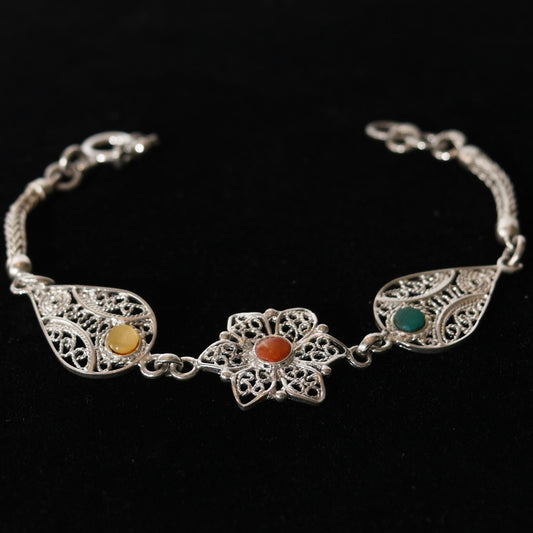 Floral Filigree Bracelet Multi-colored Stones Peru 950 Silver Sacred Valley B52502