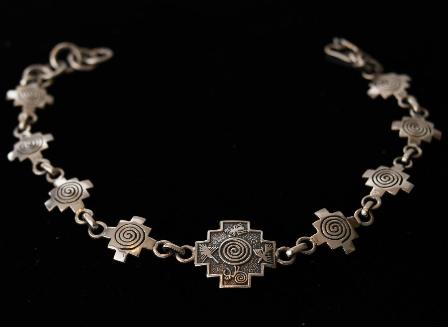 Chakana and Pachamama Spiral Bracelet repeating link Peru 950 Silver Sacred Valley B52504