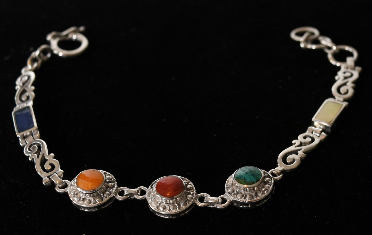 Bracelet Inca Designs Multi-colored Stones Peru Sterling Silver Sacred Valley B52506