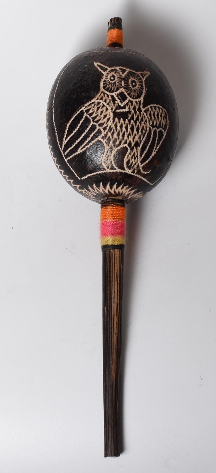 Medium Shipibo Ceremonial Rattle Hummingbird and Owl Handcrafted in Amazon Region Peru R52513