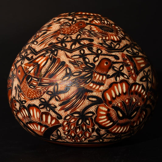 Folk Art Carved Gourd Birds Flowers hand carved Sacred Valley Peru G52502