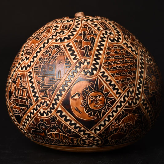 Folk Art Carved Gourd Rural Scenes hand carved Sacred Valley Peru G52503