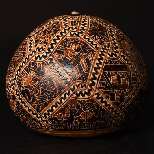 Folk Art Carved Gourd Rural Scenes hand carved Sacred Valley Peru G52503