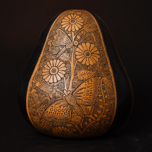 Folk Art Carved Gourd Butterflies and Flowers hand carved Sacred Valley Peru G52504