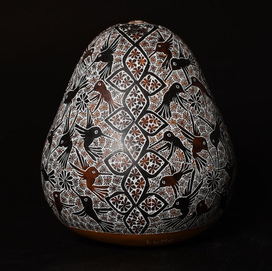 Folk Art Carved Gourd Birds Flowers hand carved Sacred Valley Peru G52506
