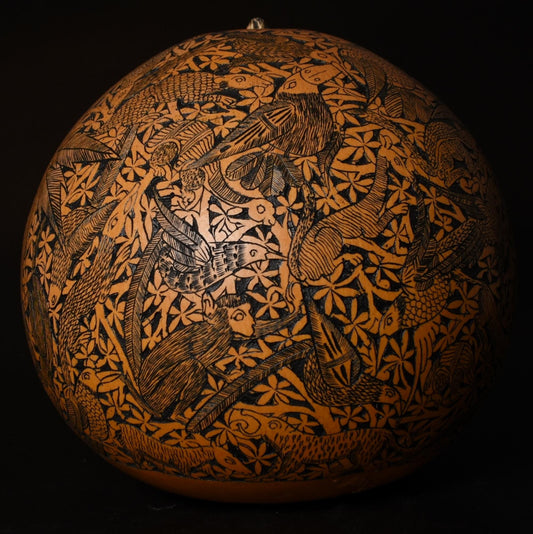 Large Folk Art Carved Gourd Jungle Animals Palm Trees hand carved Sacred Valley Peru G52508