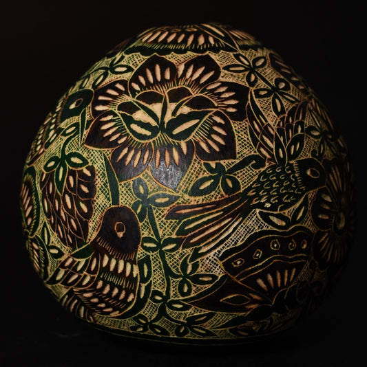 Folk Art Carved Gourd Birds Flowers hand carved Sacred Valley Peru G52509
