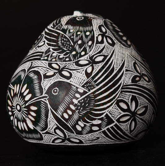 Folk Art Carved Gourd Birds Flowers hand carved Sacred Valley Peru G52510