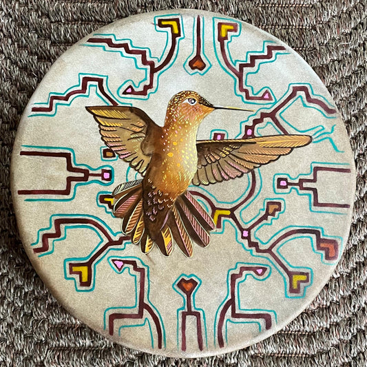 Shaman Drum Hand Made and Hand Painted Hummingbird Made in Sacred Valley Peru D52508