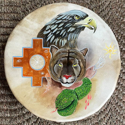 Shaman Drum Hand Made and Hand Painted Jaguar Snake Condor Made in Sacred Valley Peru D52509