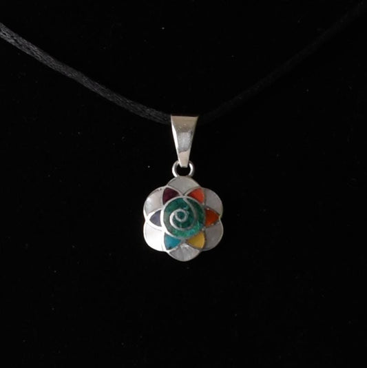 Flower of Life and Pachamama Pendant with Stone and Abalone Inlay Peru 950 Silver Sacred Valley P52506