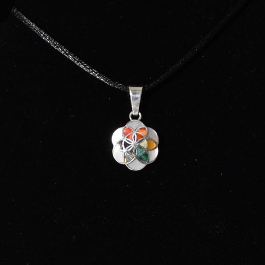 Flower of Life Mandala Pendant with Stone and Abalone Inlay Peru 950 Silver Sacred Valley P52514