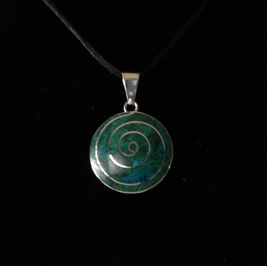 Pachamama Spiral Pendant with Stone Inlay and Seven Chakra Stones Peru 950 Silver Sacred Valley P52519