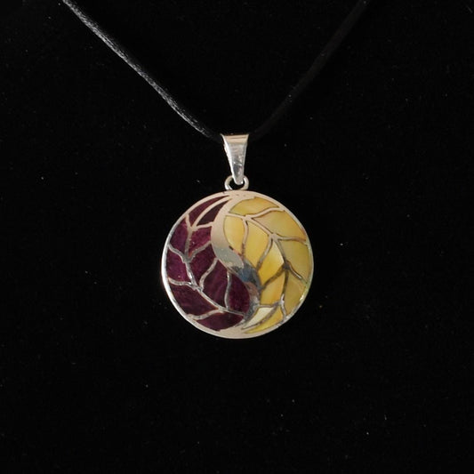 Coca Leaf Tai Chi Symbol Yin Yang Pendant with Stone and Abalone Inlay Peru 950 Silver Sacred Valley P52526