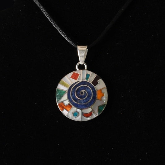 Pachamama Spiral Pendant with Stone and Abalone Inlay and Seven Chakra Stones Peru 950 Silver Sacred Valley P52527