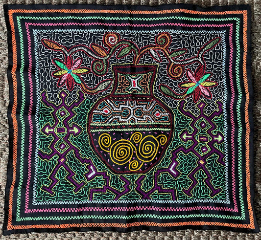 Shipibo Hand Embroidered Tapestry Altar Cloth Vase Flowers Ayahuasca Vine  21" x 22.5" P2504
