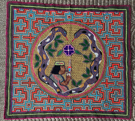 Shipibo Hand Embroidered Tapestry Altar Cloth Shaman Snake Flowers Icaros Ayahuasca Vine 25.5" x 27" P2518