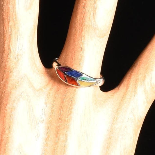 Coca Leaf Ring Size 6.5 Peru 950 Silver with Stone Inlay Sacred Valley R52504