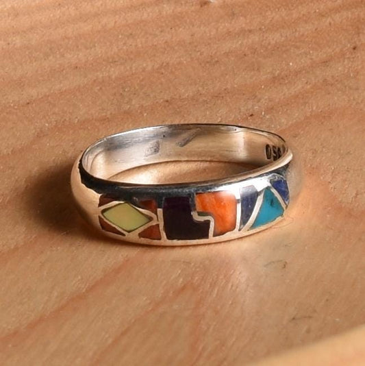 Inca Calendar Ring Size 8.5 Sacred Valley Peru 950 Silver Stone and Abalone Inlay R52509