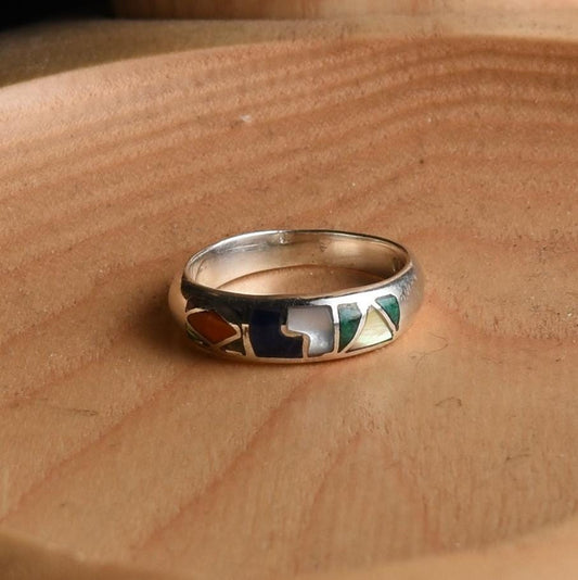 Inca Calendar Ring Size 7.5 Sacred Valley Peru 950 Silver Stone and Abalone Inlay R52510