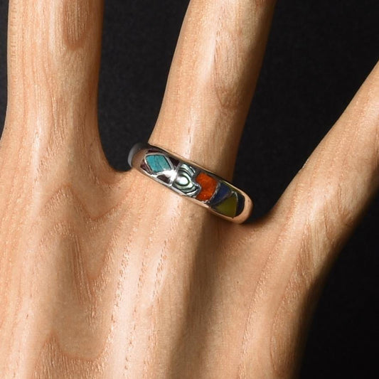 Inca Calendar Ring Size 9 Sacred Valley Peru 950 Silver Stone and Abalone Inlay R52521