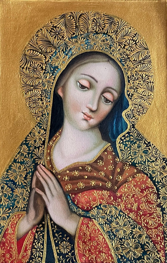 Virgin Mary Original Painting Oil on Canvas Cusco School 7 3/8 x 11 1/4 CS52501