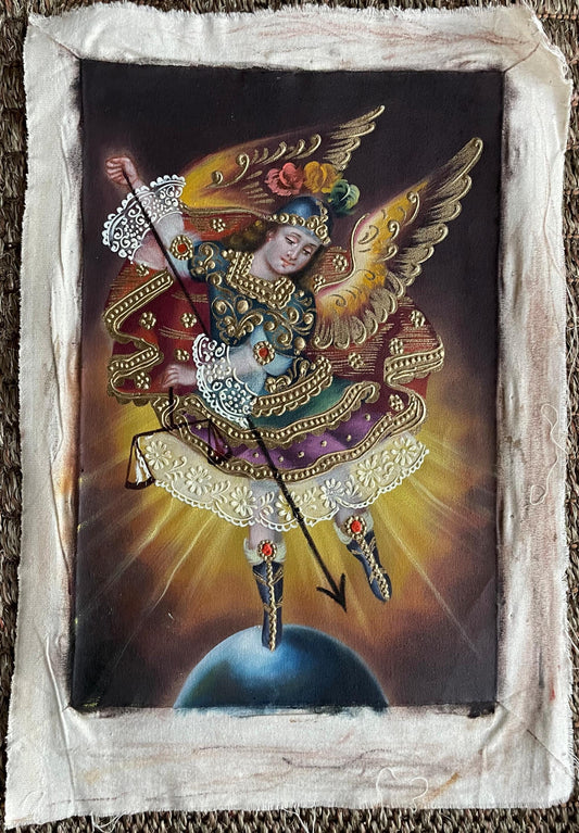 Archangel Michael Original Painting Oil on Canvas Cusco School 7 3/8 x 11 1/4 CS52505