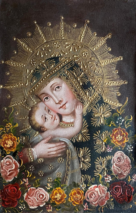 Madonna and Child Original Painting Oil on Canvas Cusco School 7 3/8 x 11 1/4 CS52506