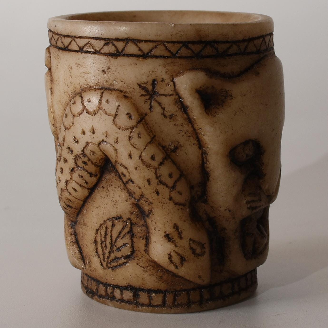 Alabaster Caliza Stone Offering Cup Jaguar Condor Snake hand carved Sacred Valley Peru S52509